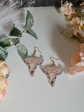 Bull Skull Floral Dangle Earrings — Pink & Cream